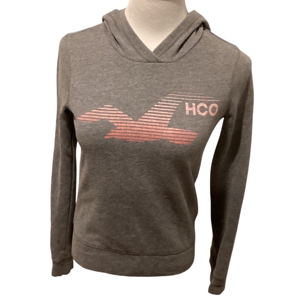 Hollister Grey Pink Logo Hoodie Sweatshirt Womens XS Long Sleeve Casual